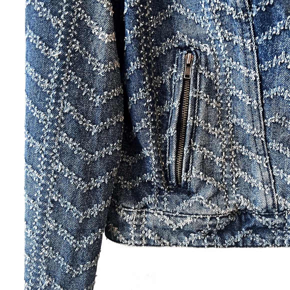 Free People Punched Denim Moto Jacket in Chevy Blue Chevron - Picture 7 of 10